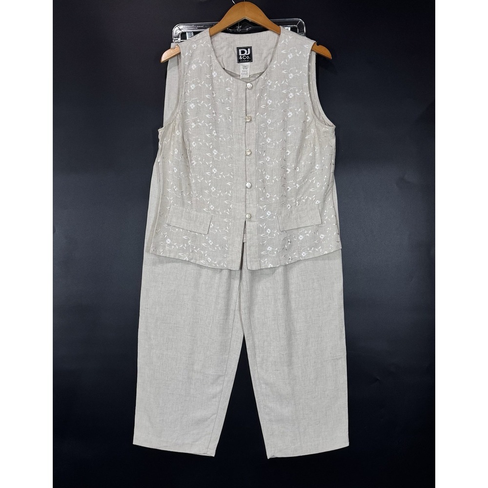 DJ & Co Women's 2 Piece Pants Vest Size 12 Beige Linen Blend Embroidered Vintage